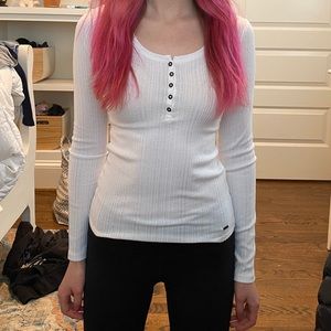 Hollister White Long Sleeved Henley Shirt